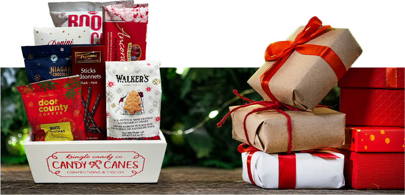 Vincenzo's candy cane gift basket under a tree with presents.